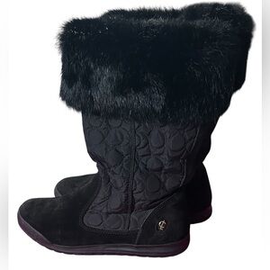 Coach Black Quilted Monogram Rabbit Fur Trim Side Zip Black Suede Boot Women 6M